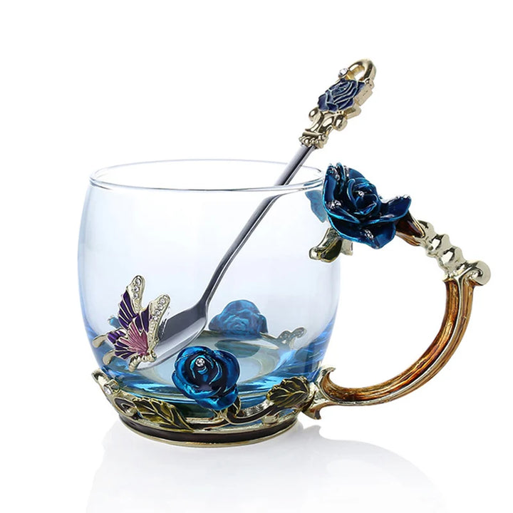 Klar Glas Kaffe- og Te Krus Sæt med Blå Rose Design og Rustfrit Stål Ske
