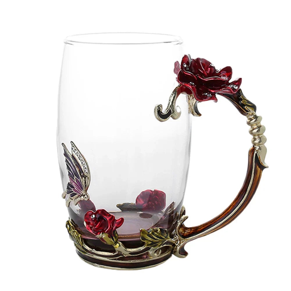 Klart Glas Kaffe- og Te Krus Sæt med Blå Rose Emalje Design og Rustfrit Stål Ske