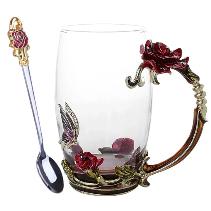 Klar Glas Kaffe- og Te Krus Sæt med Blå Rose Design og Rustfrit Stål Ske