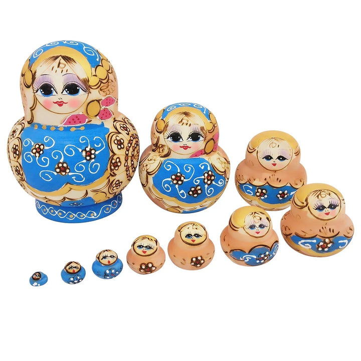 Traditionelt Sæt af 10 Håndlavede Træ-Matryoshka Dukker