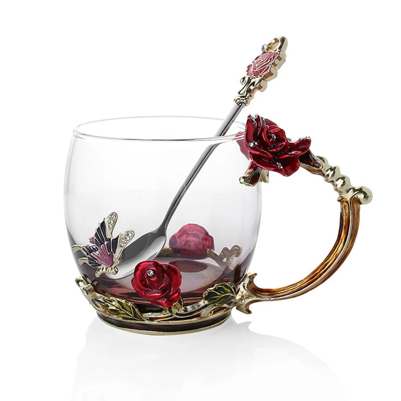 Klar Glas Kaffe- og Te Krus Sæt med Blå Rose Design og Rustfrit Stål Ske