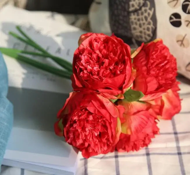 Stor Kunstig Pæon Blomsterbuket i Silke til Bryllup og Dekoration