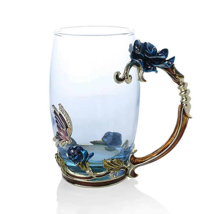 Klart Glas Kaffe- og Te Krus Sæt med Blå Rose Emalje Design og Rustfrit Stål Ske