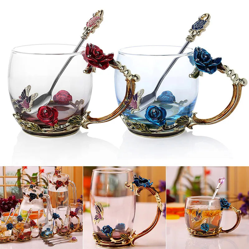 Klart Glas Kaffe- og Te Krus Sæt med Blå Rose Emalje Design og Rustfrit Stål Ske