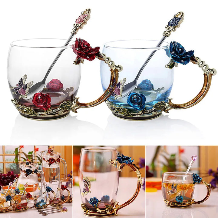 Klart Glas Kaffe- og Te Krus Sæt med Blå Rose Emalje Design og Rustfrit Stål Ske