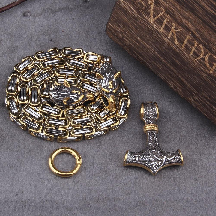 Rustfrit Stål Dobbelt Ulvehoved og Mjolnir Halskæde/Armbånd 60-90 cm