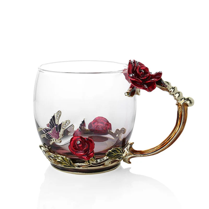 Klart Glas Kaffe- og Te Krus Sæt med Blå Rose Emalje Design og Rustfrit Stål Ske