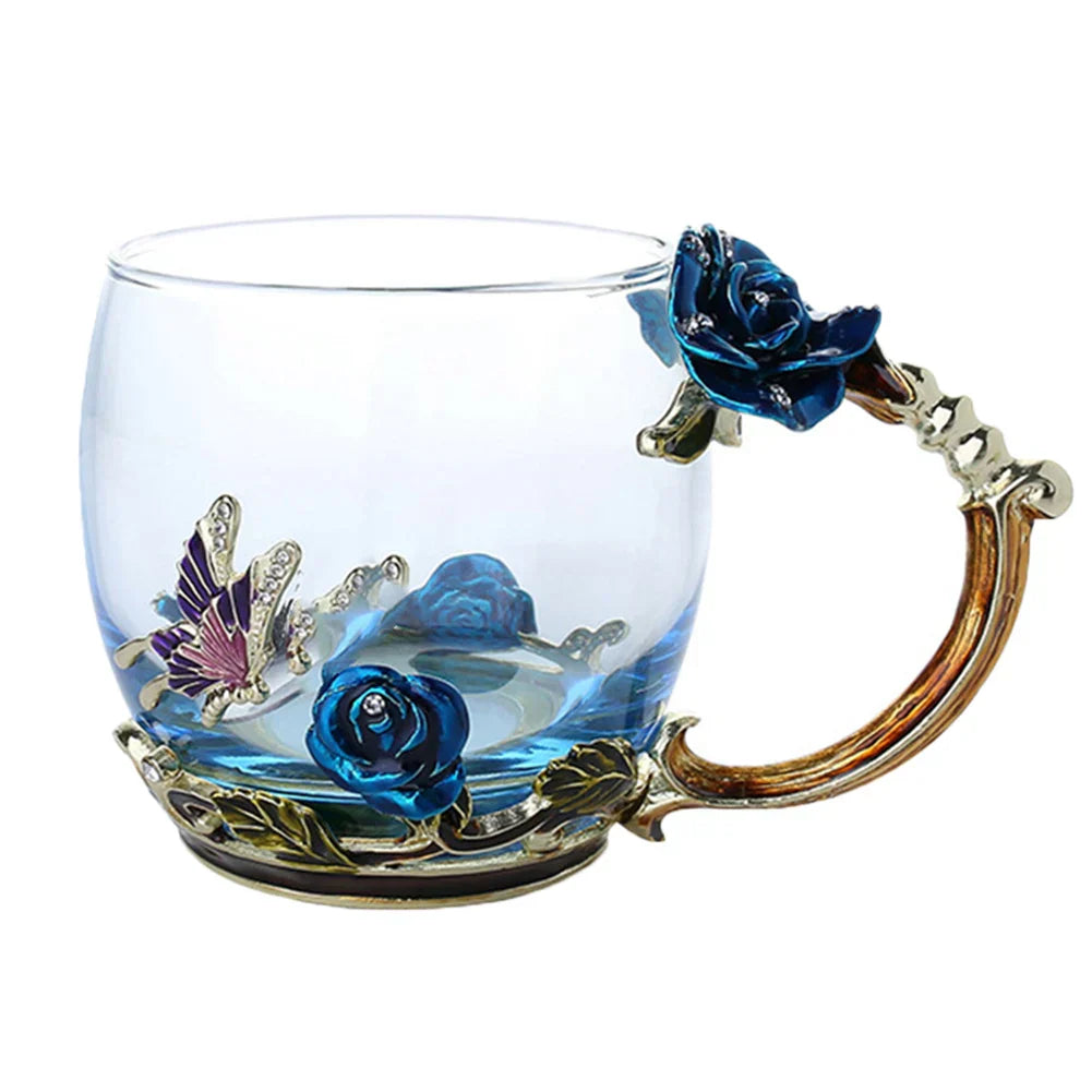 Klart Glas Kaffe- og Te Krus Sæt med Blå Rose Emalje Design og Rustfrit Stål Ske