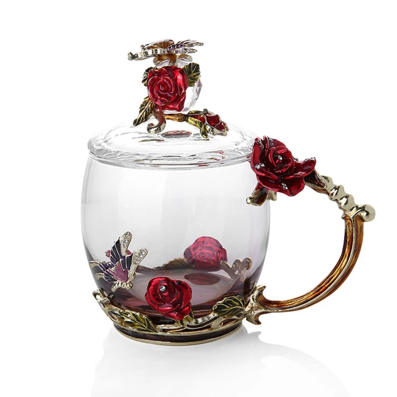 Klar Glas Kaffe- og Te Krus Sæt med Blå Rose Design og Rustfrit Stål Ske
