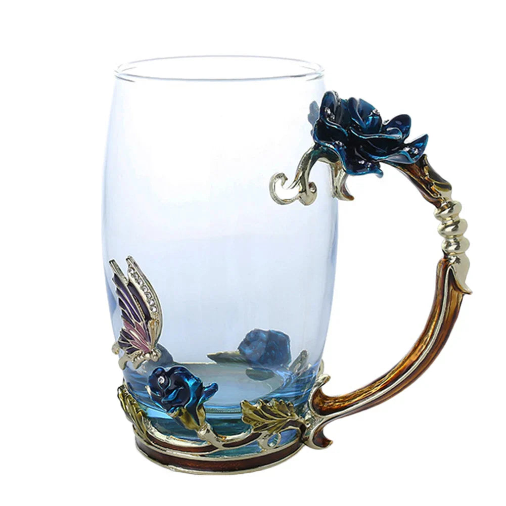 Klar Glas Kaffe- og Te Krus Sæt med Blå Rose Design og Rustfrit Stål Ske