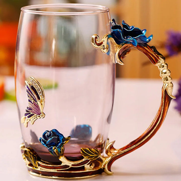 Klart Glas Kaffe- og Te Krus Sæt med Blå Rose Emalje Design og Rustfrit Stål Ske
