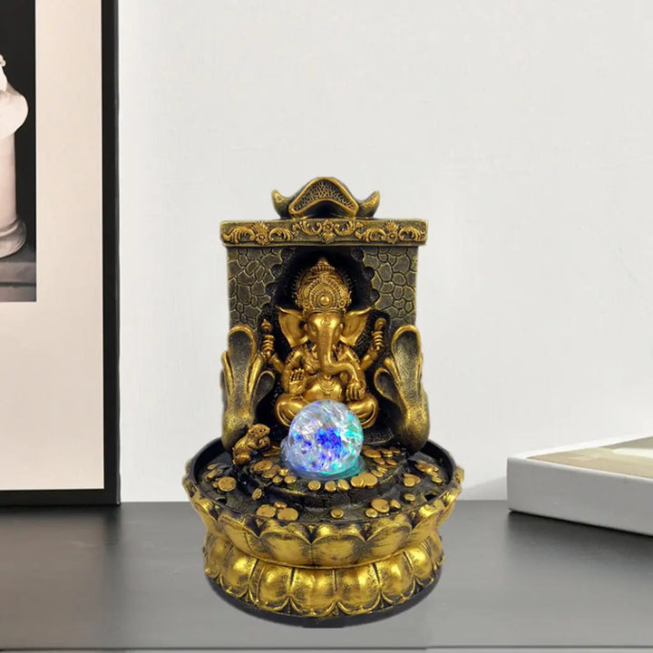 Ganesha Statue med LED Vandfald i Resin