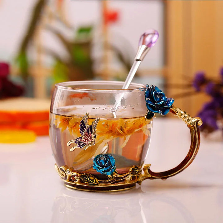 Klart Glas Kaffe- og Te Krus Sæt med Blå Rose Emalje Design og Rustfrit Stål Ske