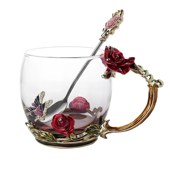 Klart Glas Kaffe- og Te Krus Sæt med Blå Rose Emalje Design og Rustfrit Stål Ske