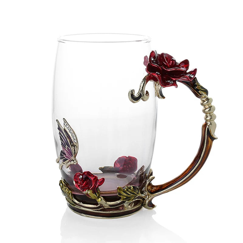Klar Glas Kaffe- og Te Krus Sæt med Blå Rose Design og Rustfrit Stål Ske