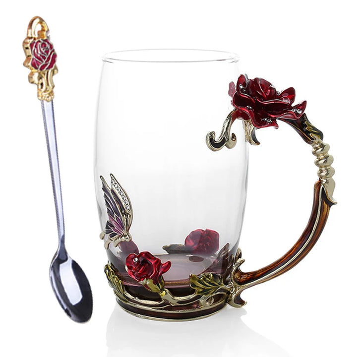 Klar Glas Kaffe- og Te Krus Sæt med Blå Rose Design og Rustfrit Stål Ske
