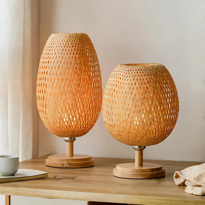 Vintage Bamboo Bordlampe med Rattan Skærm