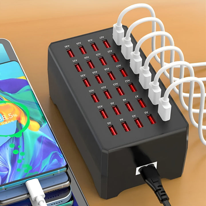 30-Port USB Opladningsstation med Hurtig Opladning og Kølevifte