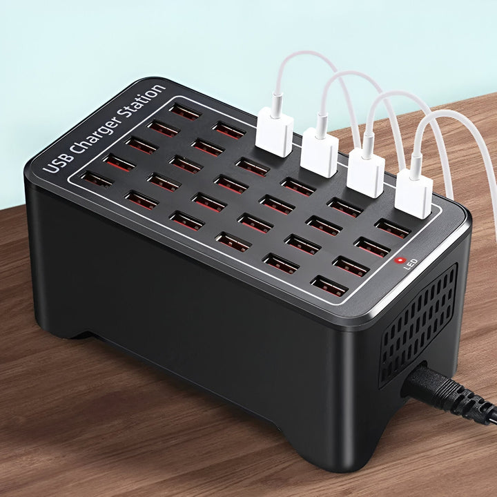 30-Port USB Opladningsstation med Hurtig Opladning og Kølevifte