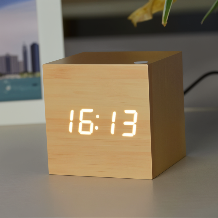Digitalt LED Cube Ur i Bambus Træ