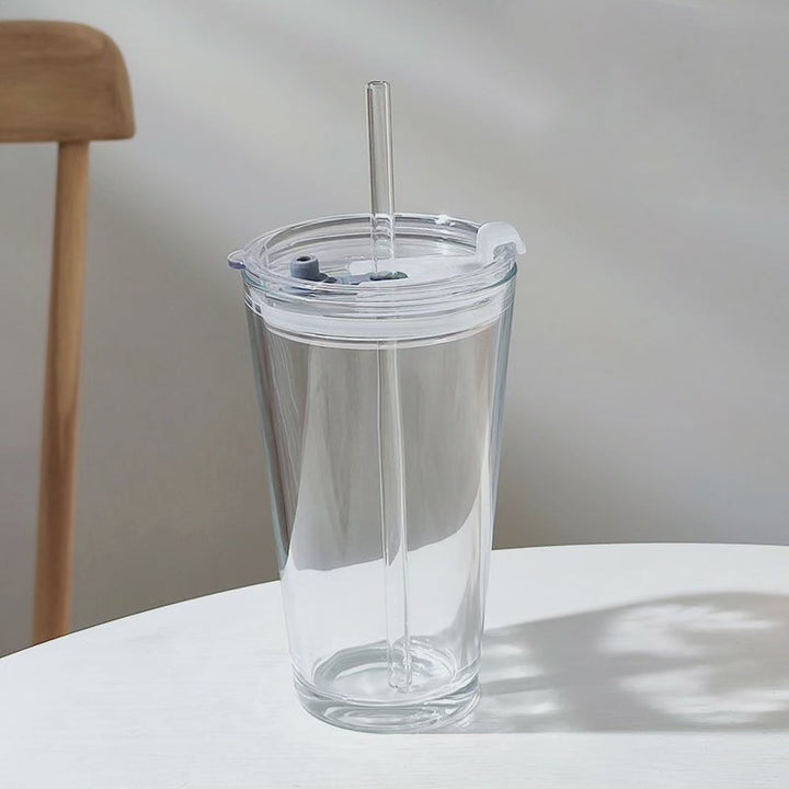 Transparent Borosilicate Glas Tumbler med Låg og Strå, 500 ml