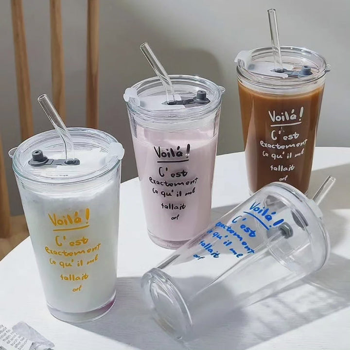 Transparent Borosilicate Glas Tumbler med Låg og Strå, 500 ml