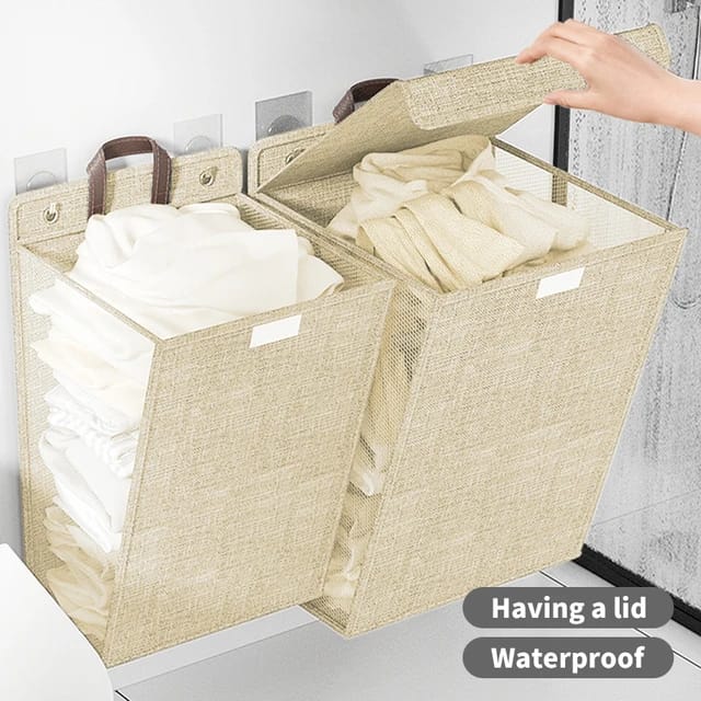 Væghængt Foldbar Vasketøjskurv i Grå eller Beige