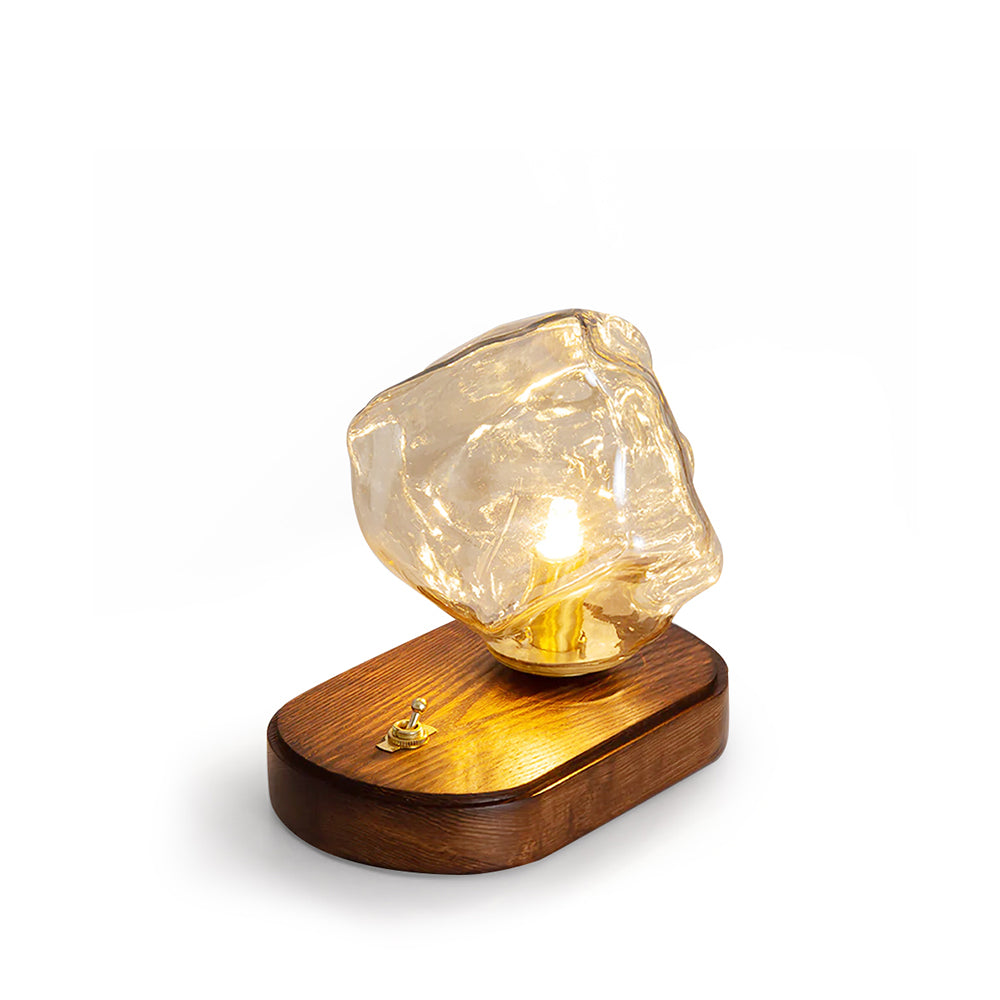 Vintage Amber Glas Bordlampe med Træbase