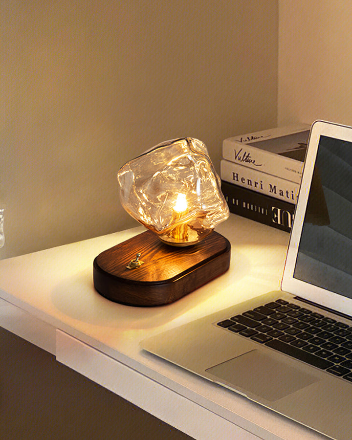 Vintage Amber Glas Bordlampe med Træbase