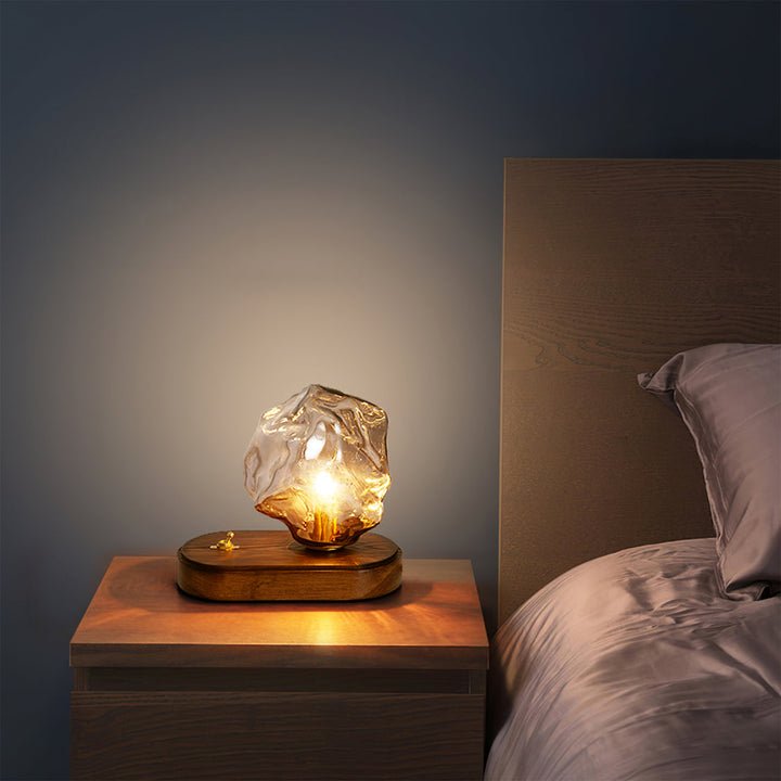 Vintage Amber Glas Bordlampe med Træbase