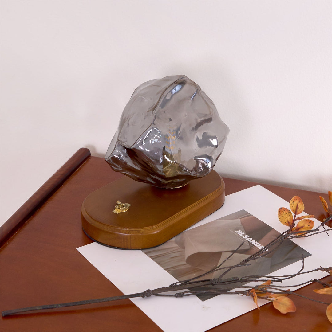 Vintage Amber Glas Bordlampe med Træbase