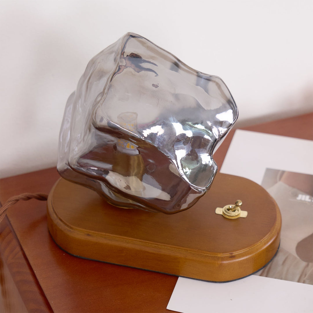 Vintage Amber Glas Bordlampe med Træbase