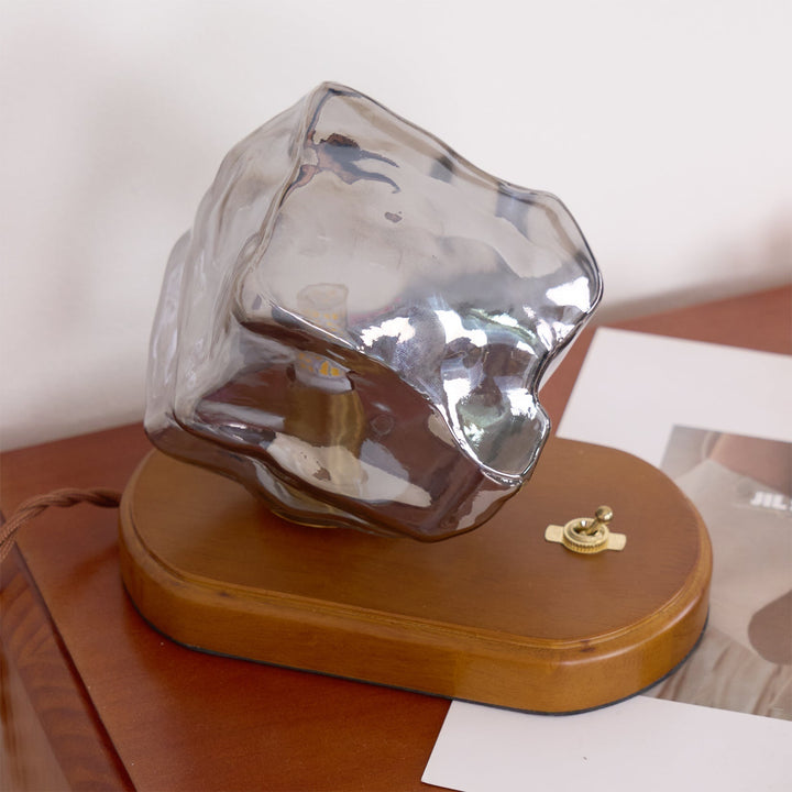 Vintage Amber Glas Bordlampe med Træbase