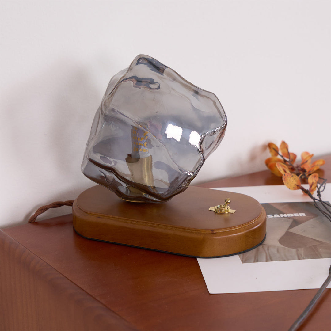 Vintage Amber Glas Bordlampe med Træbase