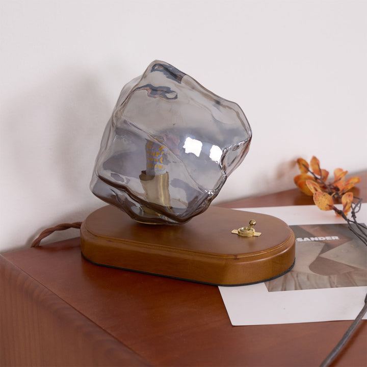 Vintage Amber Glas Bordlampe med Træbase