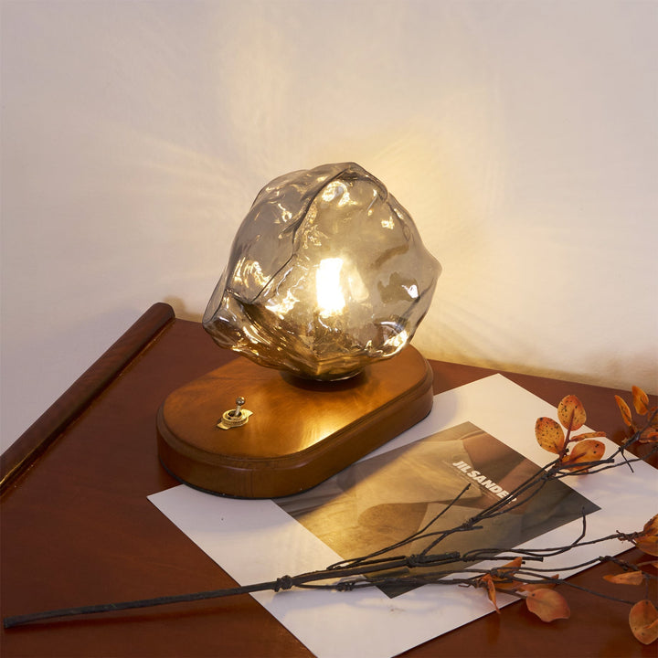 Vintage Amber Glas Bordlampe med Træbase