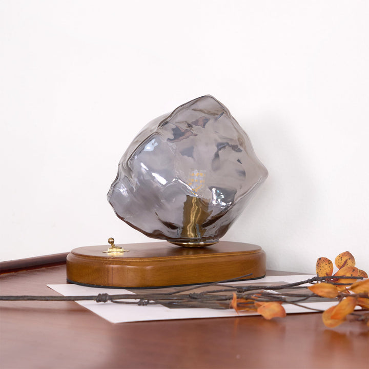 Vintage Amber Glas Bordlampe med Træbase