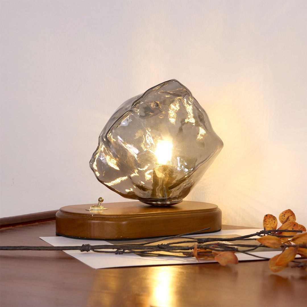 Vintage Amber Glas Bordlampe med Træbase