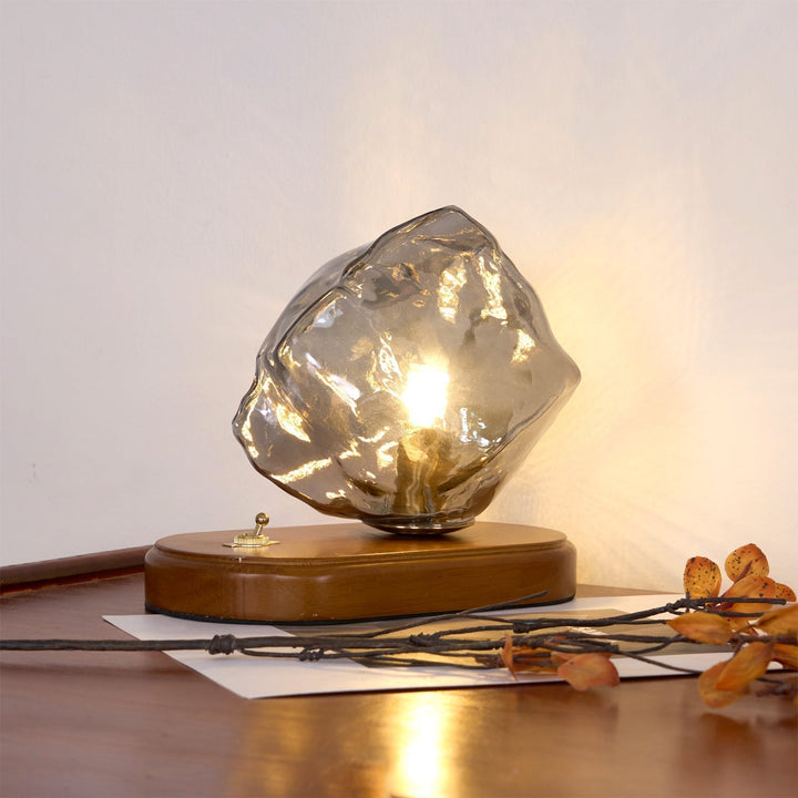 Vintage Amber Glas Bordlampe med Træbase