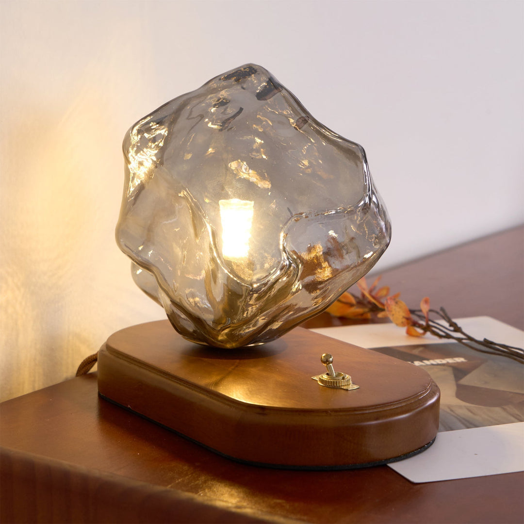Vintage Amber Glas Bordlampe med Træbase