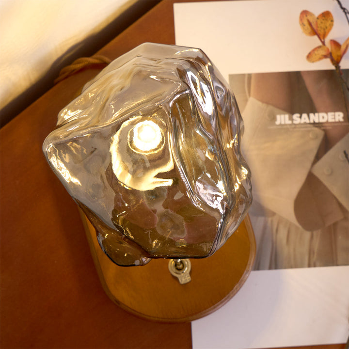 Vintage Amber Glas Bordlampe med Træbase