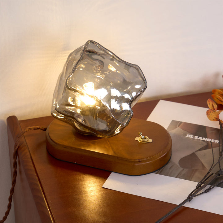 Vintage Amber Glas Bordlampe med Træbase