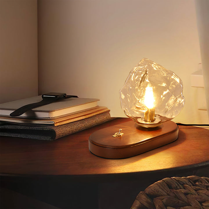 Vintage Amber Glas Bordlampe med Træbase