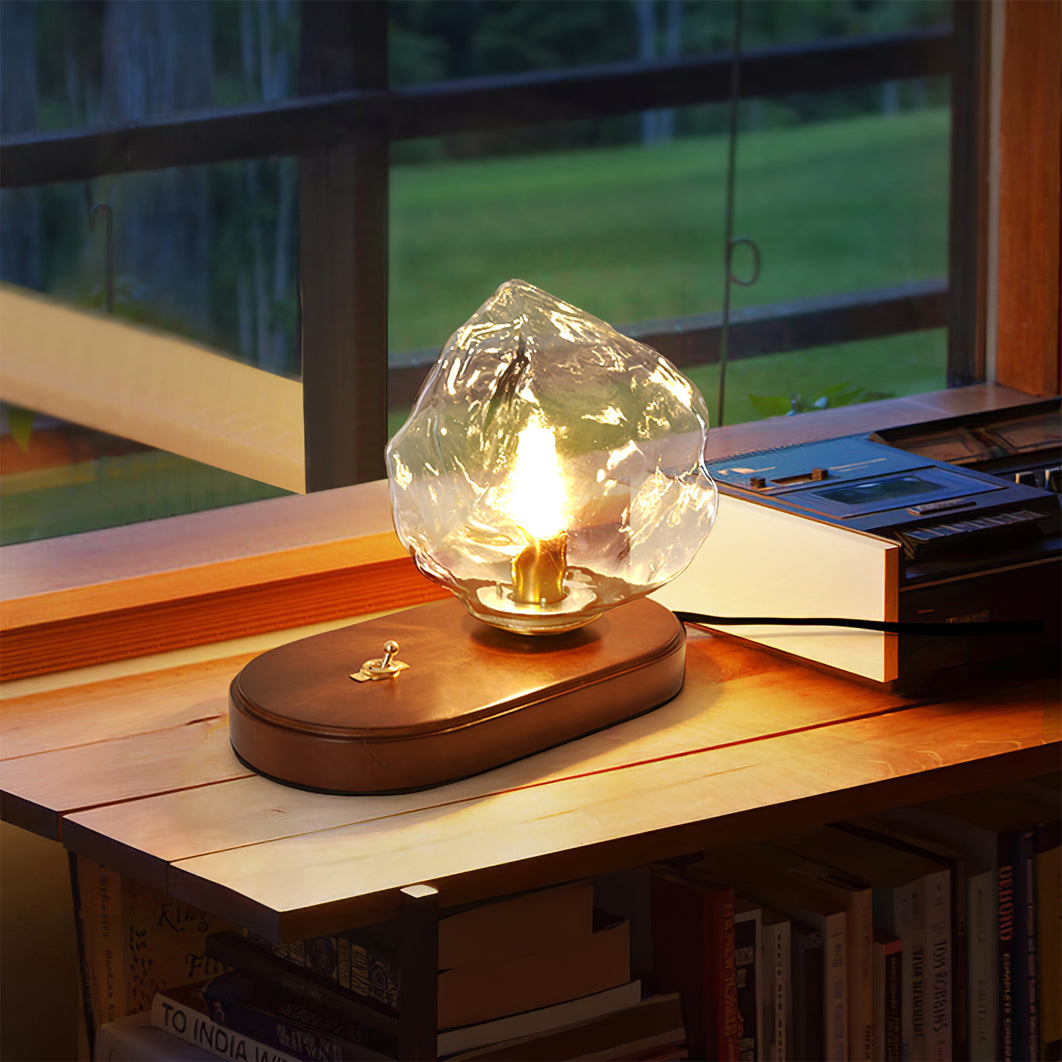 Vintage Amber Glas Bordlampe med Træbase