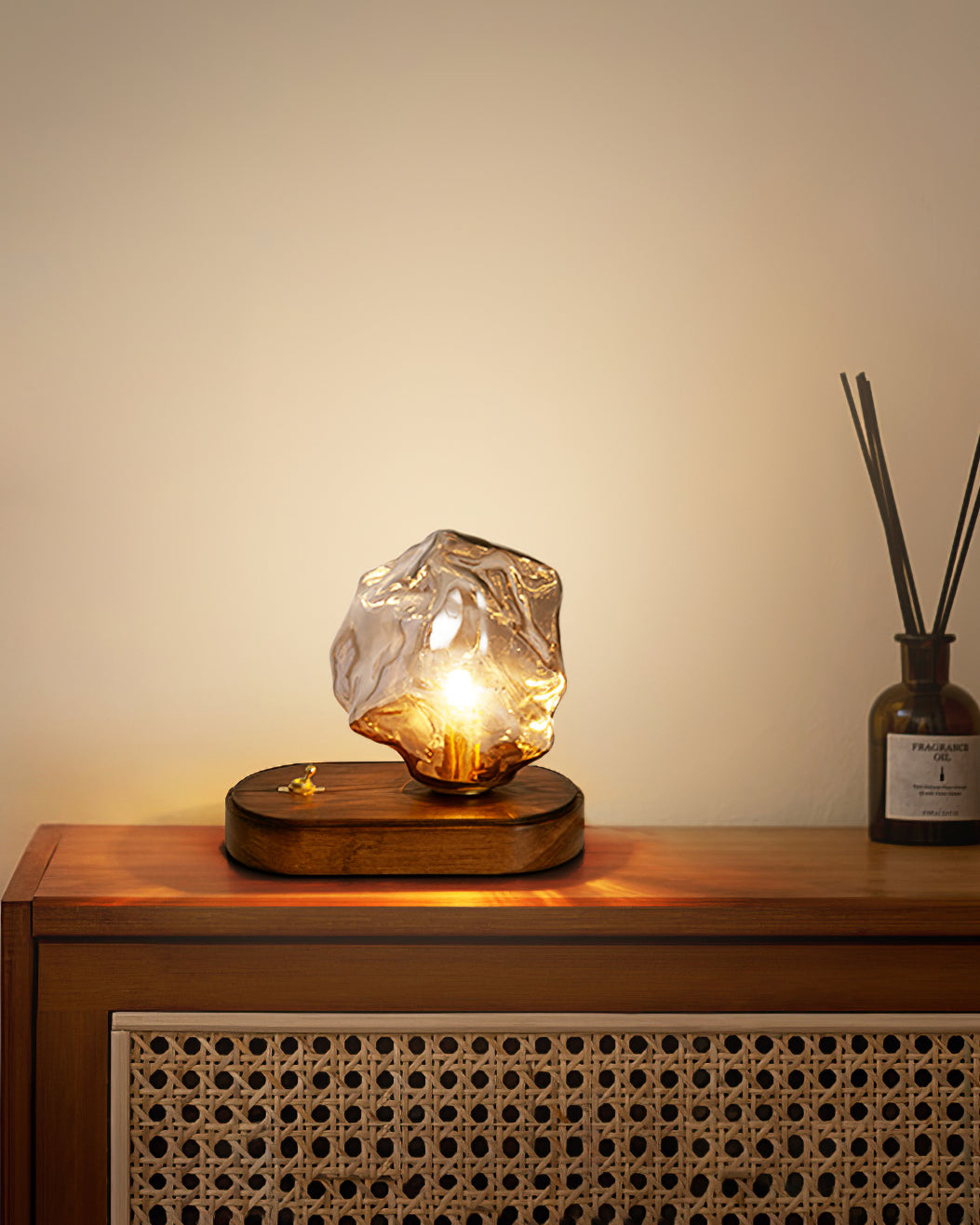 Vintage Amber Glas Bordlampe med Træbase