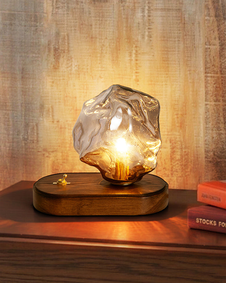 Vintage Amber Glas Bordlampe med Træbase