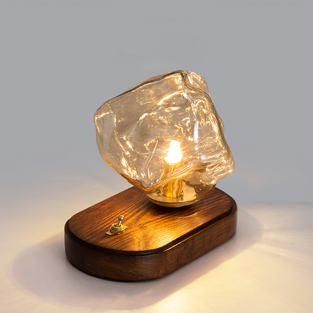 Vintage Amber Glas Bordlampe med Træbase
