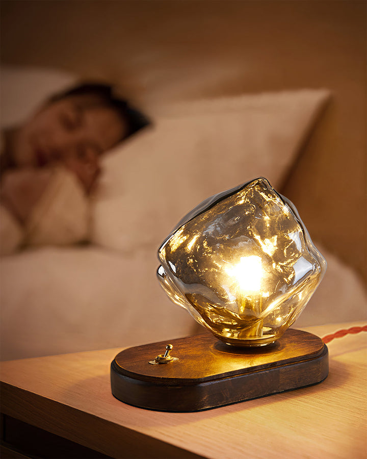 Vintage Amber Glas Bordlampe med Træbase