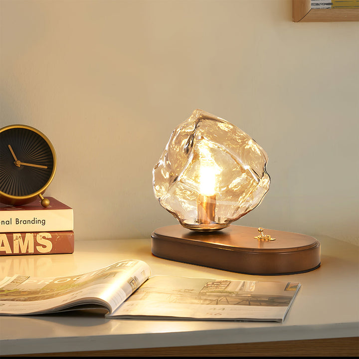 Vintage Amber Glas Bordlampe med Træbase