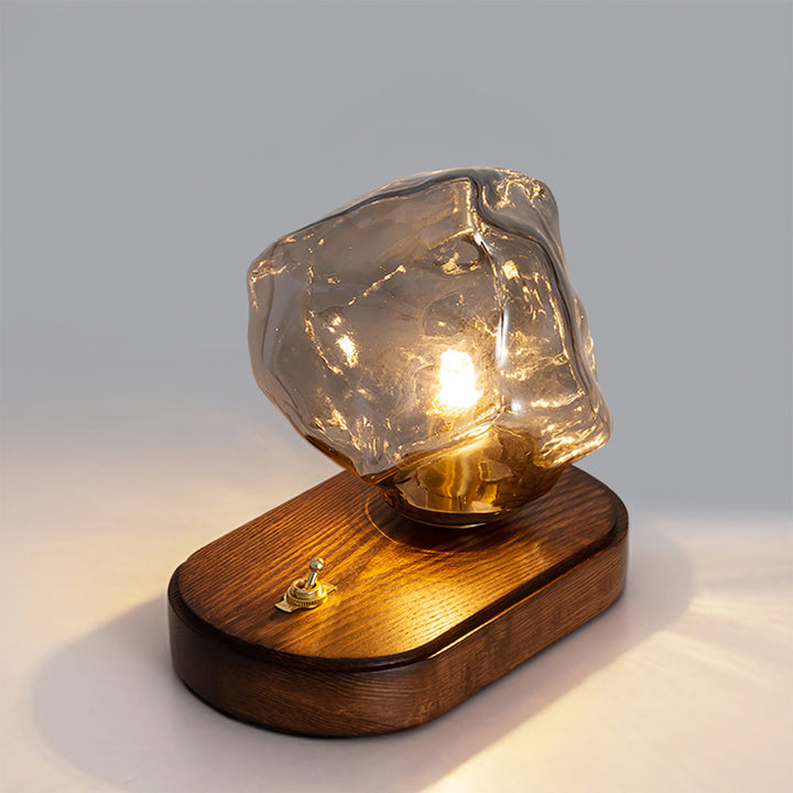 Vintage Amber Glas Bordlampe med Træbase